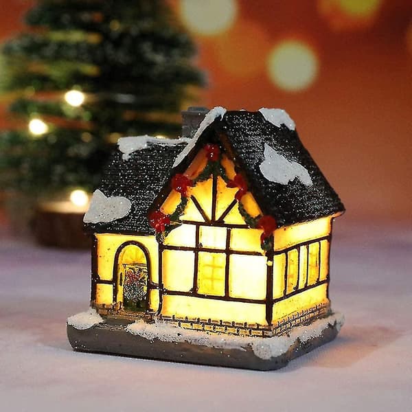 Julscen byhus, LED julepynt snøhus i harpiks med (D)