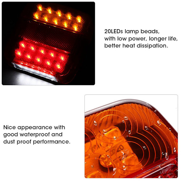 2 stk 12V 20 LED båtbilsvogn baklysindikator bremselys blinklys