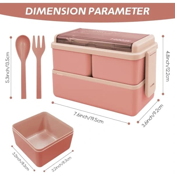 Stackable Lunch Box, 1400 ml Container with 3 Removable Compartments and Cutlery, Leak-Proof 2-Layer Lunch Box (Pink)