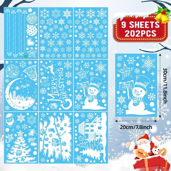 Reusable Christmas Window Stickers 9 Sheets Christmas Decorations Frosted Snowflake Tree Ornament