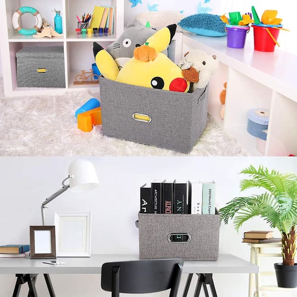 Foldable Linen Storage Baskets with Removable Lids and Handles, Washable Storage Bins Cube with Lid (Khaki, Large)