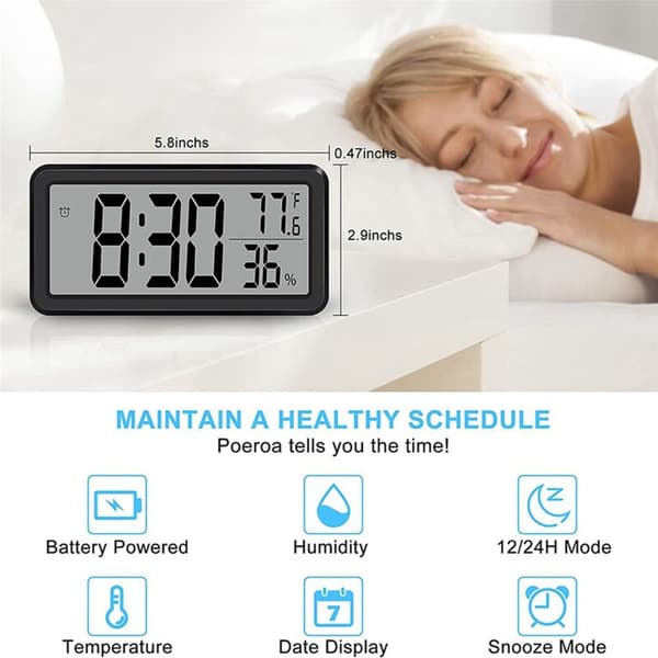 2X Digital Alarm Clock, Desk Clock, Battery Operated LCD Electronic Clock Decoration for Bedroom Kitchen Office - Black