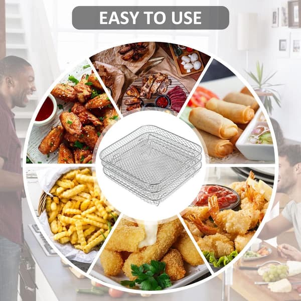 3-Tier Air Fryer Rack, Square Grill Dehydrator Rack, Stainless Steel, Stackable, with 8 Silicone Feet & Clip