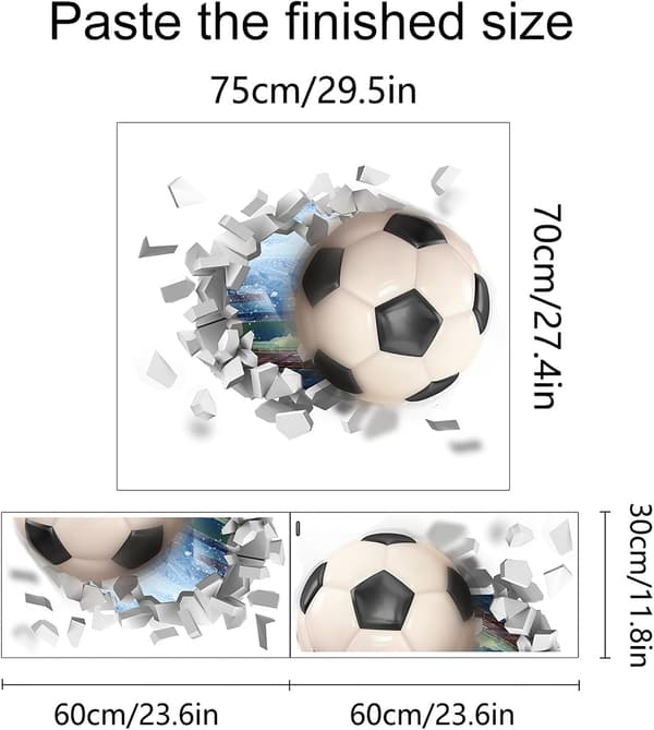 Fotboll 3D-affisch - Väggdekoration för barn och tonåringar - Fotbollsdekal - Sovrum