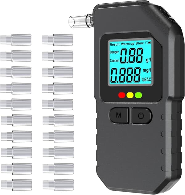 Digital Alkoholtester - Professionel Alkometer med Dobbelt-Sensor, LCD, Bærbar til Bil og Hjem | 20 Mundstykker[JUN]