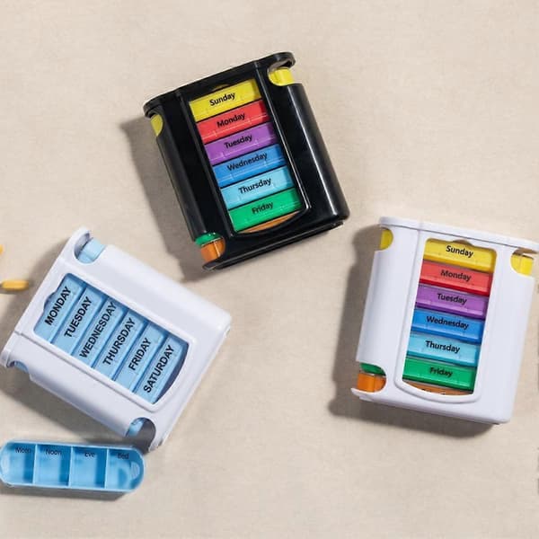 7-Day Stackable Pill Box with 4 Compartments Daily Organizer - Weekly Medicine Case with Reminder for Elderly Children