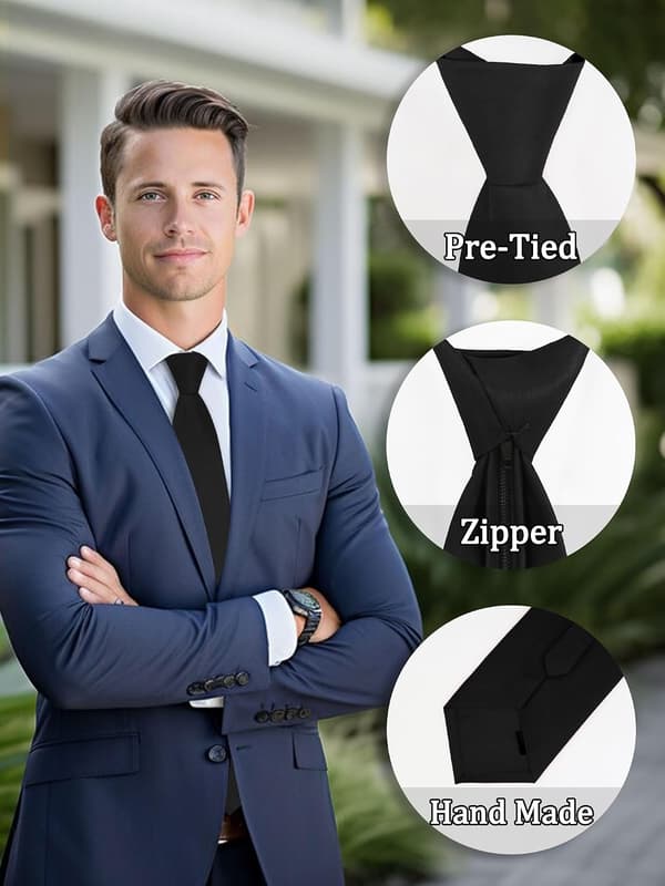 Sorte slips til mænd, forbundet lynlåsslips 3,15\" ensfarvede slips - Black