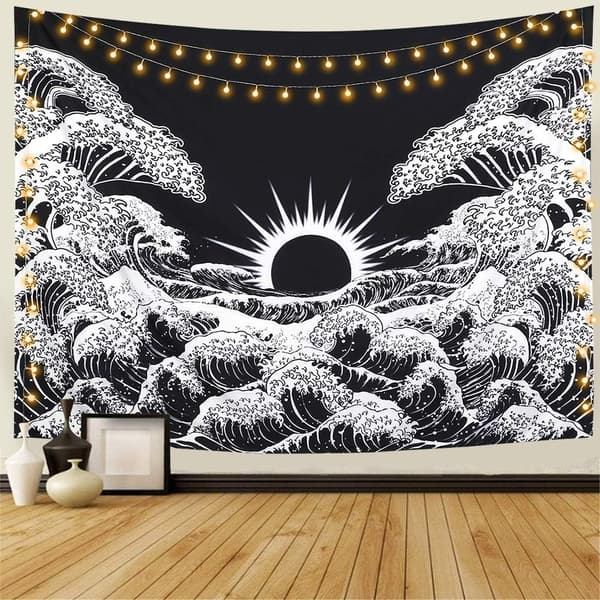 Mandala-seinävaatekuvio suuri aalto auringonlaskulla mustavalkoinen