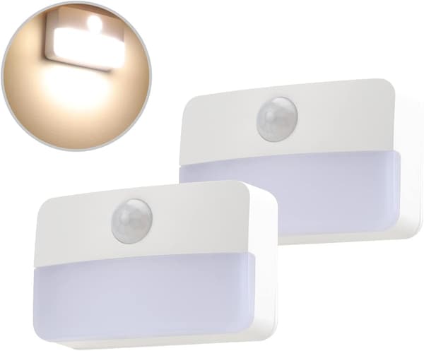 Nattlampe med bevegelsessensor, sensorlampe, 2 LED-skaplamper, batteridrevet aksentlampe, varmhvit Warm White