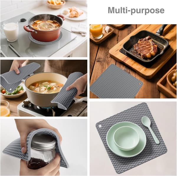4 Pot Holders (2 Square + 2 Round) - Silicone Pot Holders, Heat Resistant Countertops - Grey
