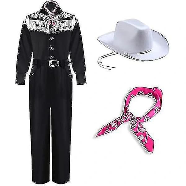 Cowboy Jumpsuit Outfit til Mænd med Halstørklæde og Hat Kostume L
