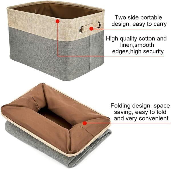 Foldable Cotton and Jute Storage Box with Handles, Laundry Basket, Sto