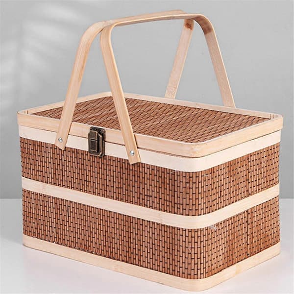 Woven Baskets Bamboo Portable Picnic Fruit Natural Holder Lid Bread Zongzi Organizer