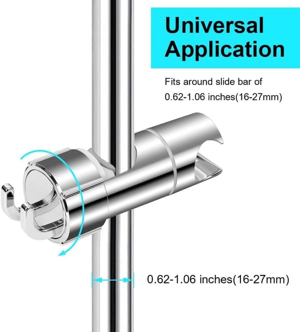 Håndbruserholder til 16-27 mm stang, justerbar erstatningsbruserholder, 360° rotation, med 2 kroge