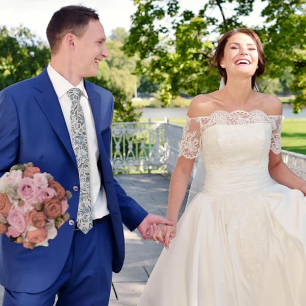 Mönstrad smal slips i bomull med blommönster för bröllop, marskalkar, make, far (blå + rosa) -