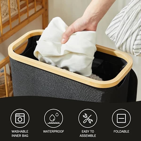 Laundry basket with lid, 48 liters large, with laundry bag, foldable laundry basket with handle, bamboo laundry basket, black, as