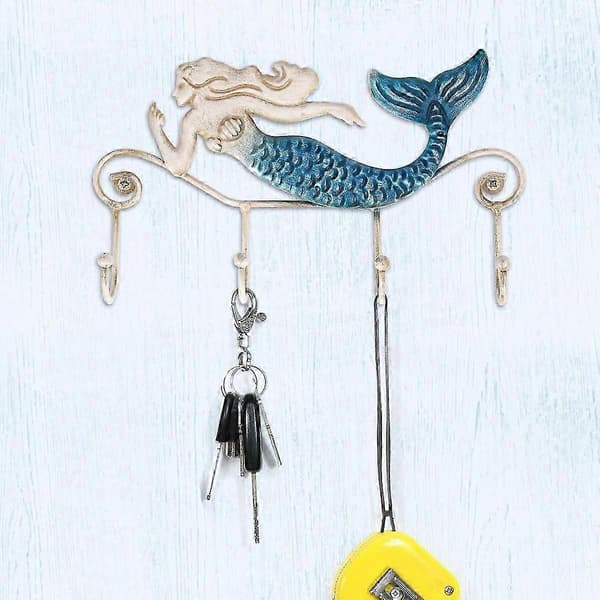 Iron Wall Hook with 4 Hooks, Decorative Wall Hook (Mermaid)