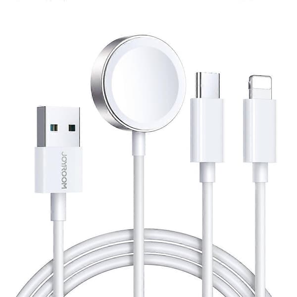 3-i-1-kabel USB-A-kabel med induktiv oplader + 1x iPhone Lightning + 1x USB-C 1,2 m hvid