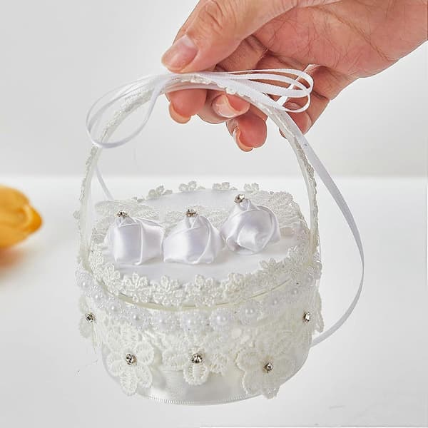2 Pieces Lace Ring Pillows, Wedding Lace Rose Ceremony Ring Holder with Handle