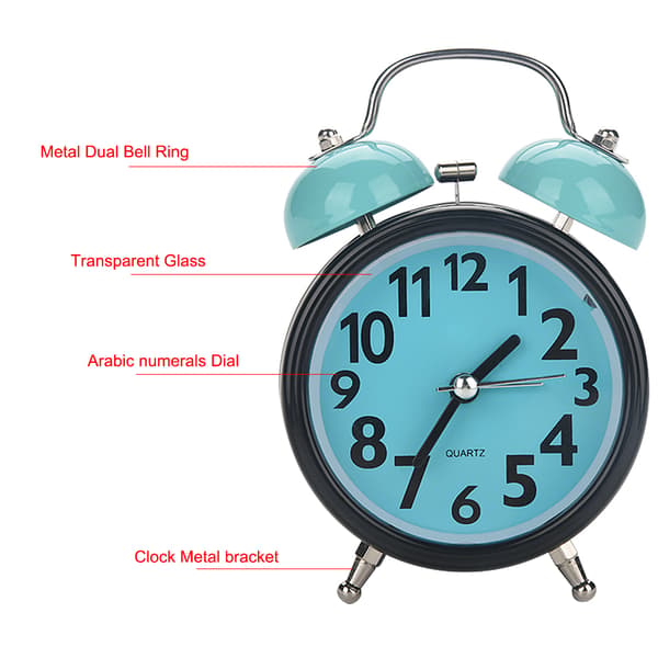 Dual Bell Ultra Silent Mechanical Alarm Clock Quartz Movement Desk Table Night Clock (Blue)