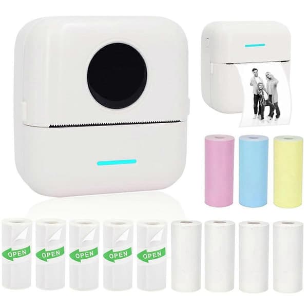 Mini Portable Printer, Inkless Sticker Printer with 12 Rolls of Paper, Mini Thermal Printer for Notes/Photos/Stickers, White