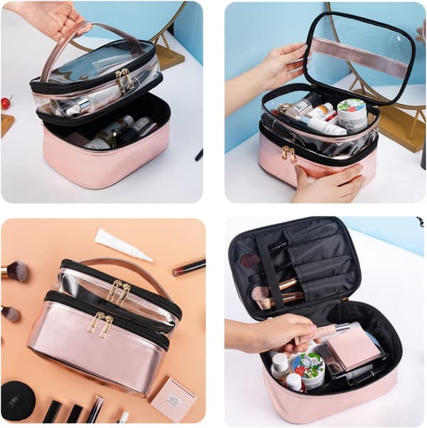 Portable Double-Layer Makeup Bag Waterproof Cosmetic Bag Large Capacity Travel Case with Brush Compartment