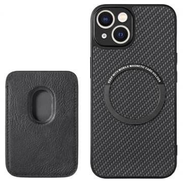 iPhone 15 Magnetisk Cover med Kortholder - Kulfiber - Sort