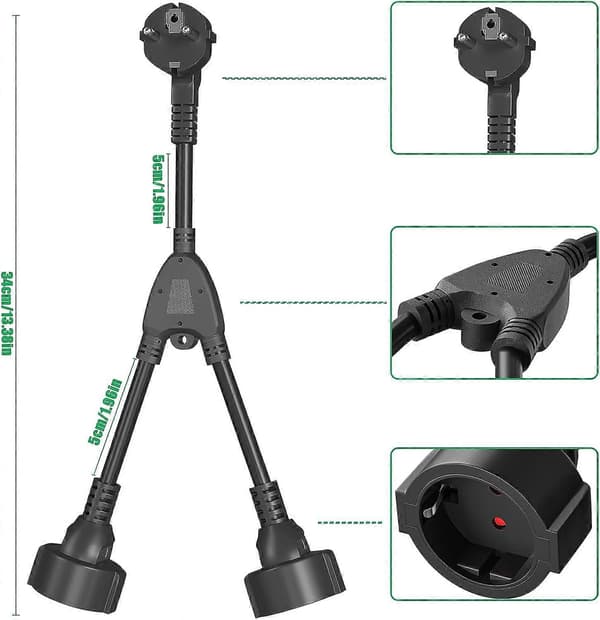 Double Plug for Sockets, 2-Way Power Strip with Flexible Cable, 16 A/250 V/Max 3680 W, German Adapter Socket Extension for Kitchen, Office, Home, B