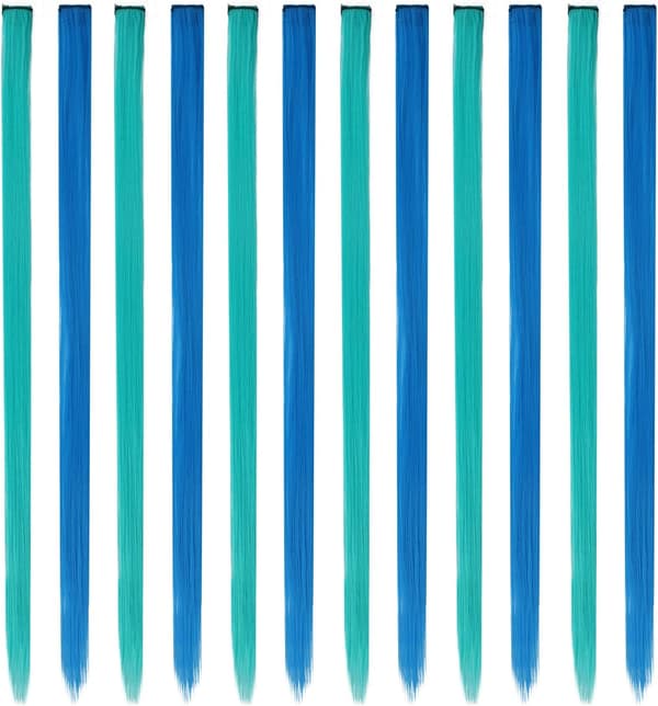 Farvede hår extensions, blå hår extensions 12 stk naturlige syntetiske farvede hår extensions langt glat hår til kvinder pige 55cm