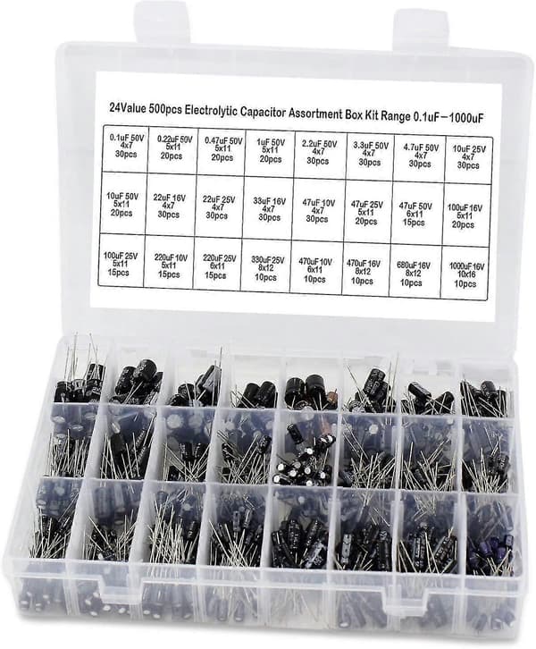 500 stycken aluminium elektrolytkondensatorer i sortimentlåda, 0,1uF-1000uF [Db]