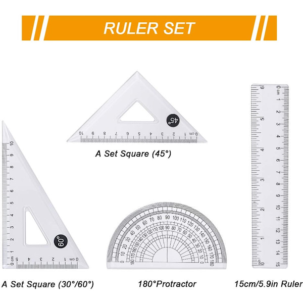 Math School Set 10 in 1 - Compass / Set Square / Ruler / Pencil / Protractor / Eraser - School Compass Set - School Supplies Junior High
