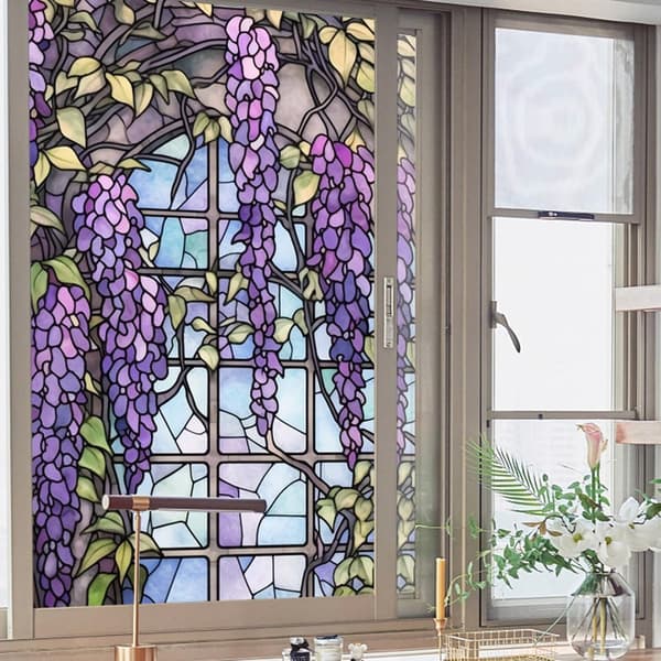 (45x100cm) Floral Frosted Window Film UV-Blocking Heat Insulation Purple Pattern for Window Decor