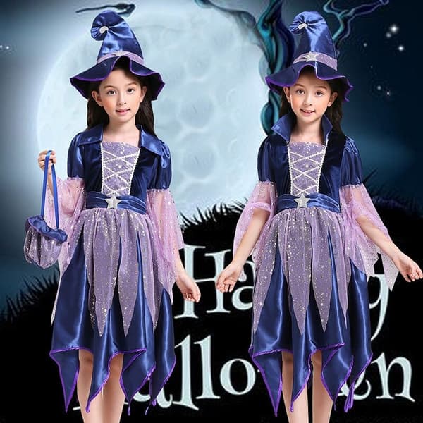1 sæt Halloween børneheks kostumer til piger heks cos maskerade fest fe prinsesse kjole heks