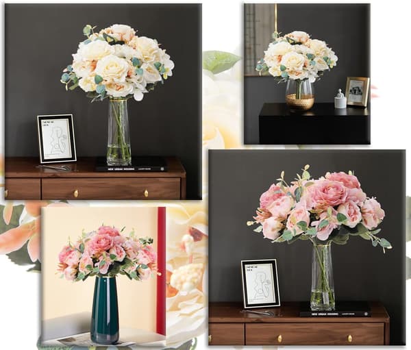 2 buketter med kunstige peoner, kunstige blomster, hvite, elegante