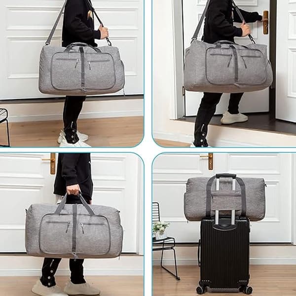 Foldable Travel Bag 65L With Shoe Compartment Tear-Resistant Polyester For Gym Weekend Trips And Airplane Carry-On Gray