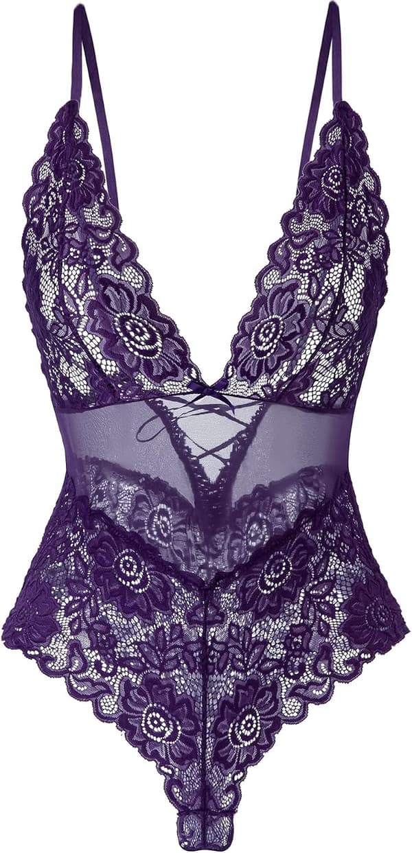 EXY Dameundertøy Kvinner Sexy Blonder Teddy Bodysuits Uskyldig Perspektiv Justerbare Stropper Pyjamas Lilla Medium