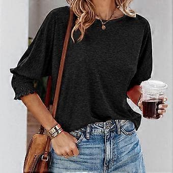 Dam Crew Neck 3/4 Ärm Basic T-shirts Enfärgad Lös Söt Tunika Topp Blusar Basic Tee Blusar Tee Topp Casual Tunika Topp Vit S(S Vit)