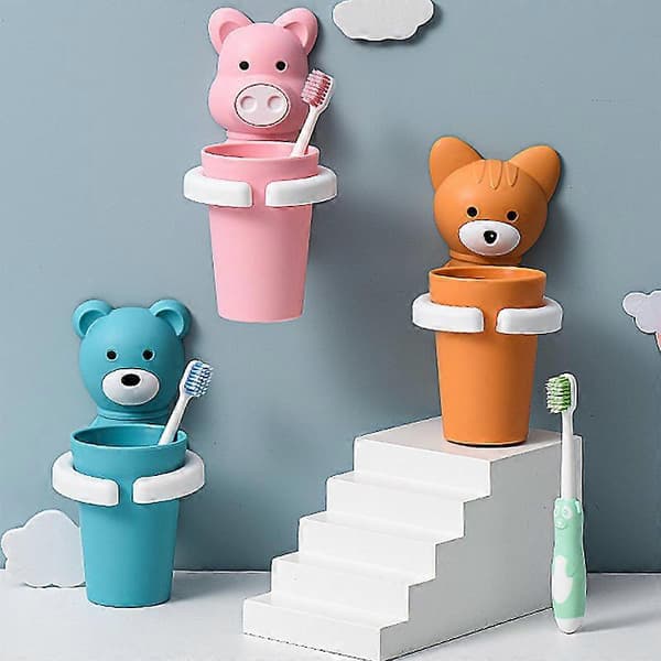 2-pack Cartoon Toothbrush Holders, Kids Toothbrush Cup, Storage Rack with Suction Cup, Fixed Toothbrush Holder, Wall Mount
