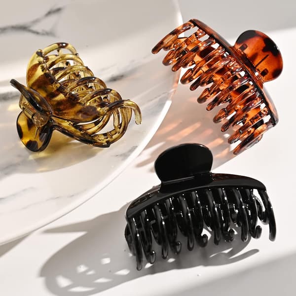 3-pack Hair Clips with Double Row Teeth, Durable Resin, Strong Grip for Thin, Medium, and Thick Hair, Black Tortoiseshell, 6.35 cm