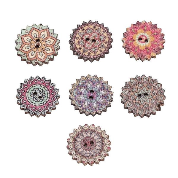 100 Pcs Wooden Buttons Retro DIY Cartoon Sunflower Pattern Decoration Crafts 20mm