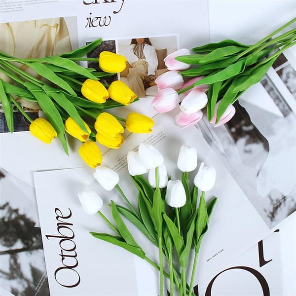10-päinen kodinsisustus Mini Tulppaani Real Touch tekokukkakimput (Väri: Samppanja, Koko: 35CM)
