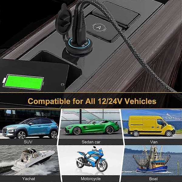 Dual USB Car Charger Socket Compatible 12V-24V Motorcycle Boat Red Light