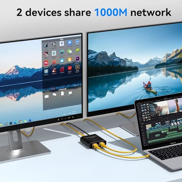 1000Mbps Ethernet Splitter 1 till 2 Nätverks Switch Ethernet Switch RJ45 LAN Internet Splitter med USB C Strömkabel för Dator, Hubb, Switch, Router