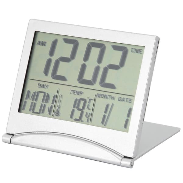Kompakt sammenleggbar reisevekkerklokke med kalender, temperatur og timer