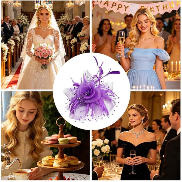 Fascinator til kvinder, pandebånd med blomster og slør lilla - violett