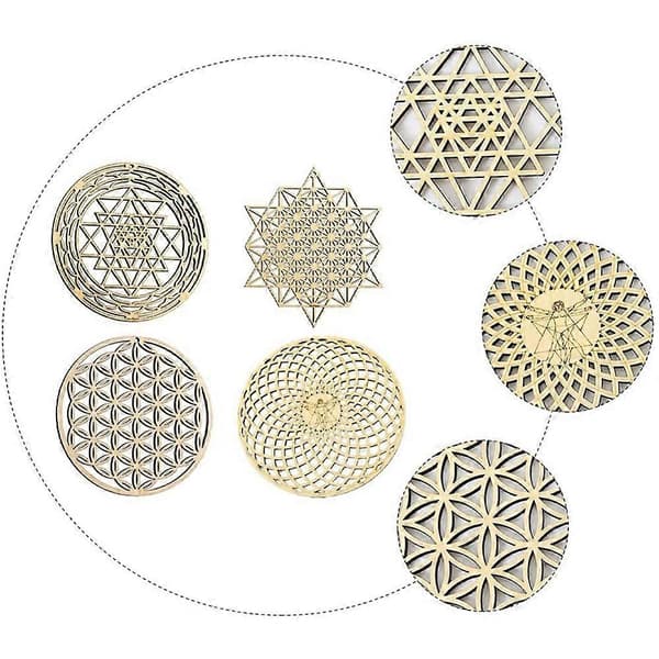 4 stk. Sacred Geometry Vægkunst Livets Blomst Gitter Træindretning Trækrystal Gitterplade Trævæg