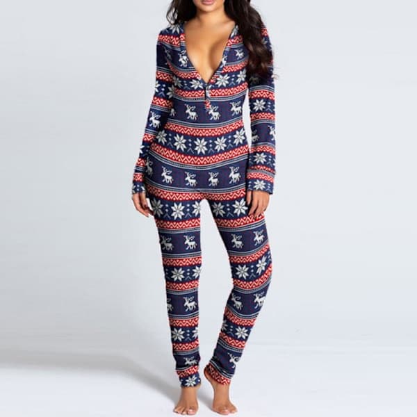 Dam Tryckt Jumpsuit för Sovplagg, Julpyjamas, Romper, Långärmad Nattkläder - Vit
