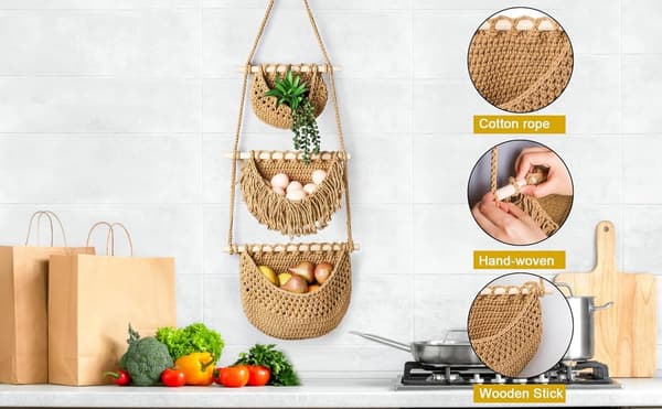 3-Tier Hanging Fruit and Vegetable Basket - Detachable Wall Net - Hand-Woven Jute Basket - Multifunctional Kitchen Rack