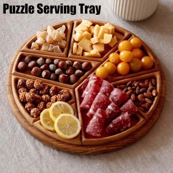 Puslespillbrett Serveringsbrett i tre, Morsomt puslespillformet serveringsbrett med 8 avtakbare rom