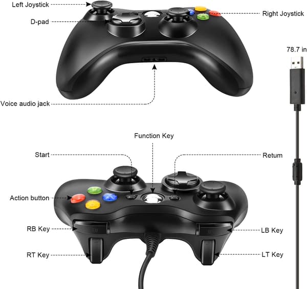 Wired Xbox 360 Controller with USB and Dual Vibration Function, Compatible with PC, Xbox 360, and Windows Systems.